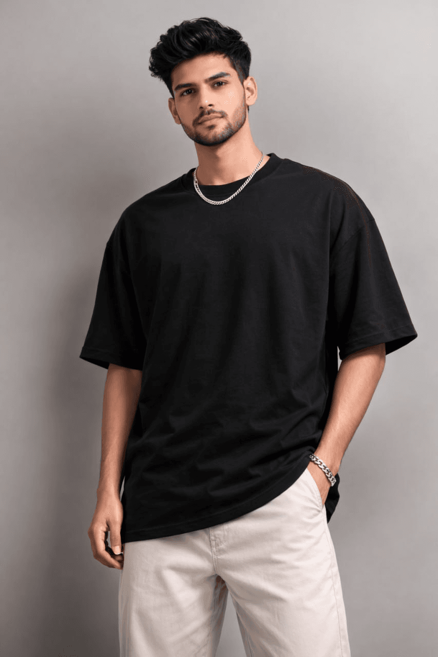 Men’s Cotton Oversized Black T-Shirt – Drop Shoulder Round Neck Solid Tee | Premium Cotton Streetwear T-Shirt t shirts image 1